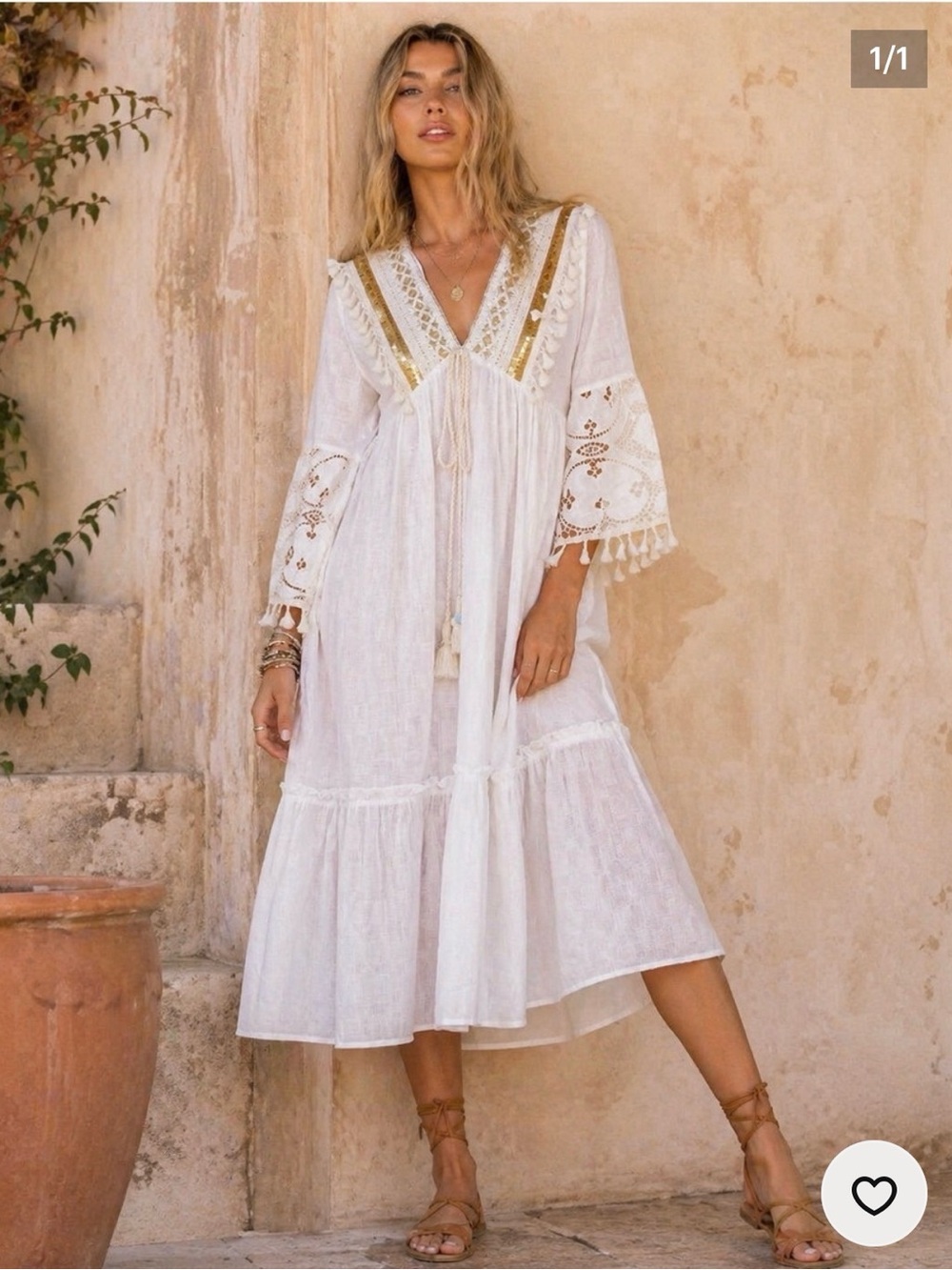 NWT ADDCONFDT LLD074 Ivory Gold Sequin Boho Maxi Dress S
